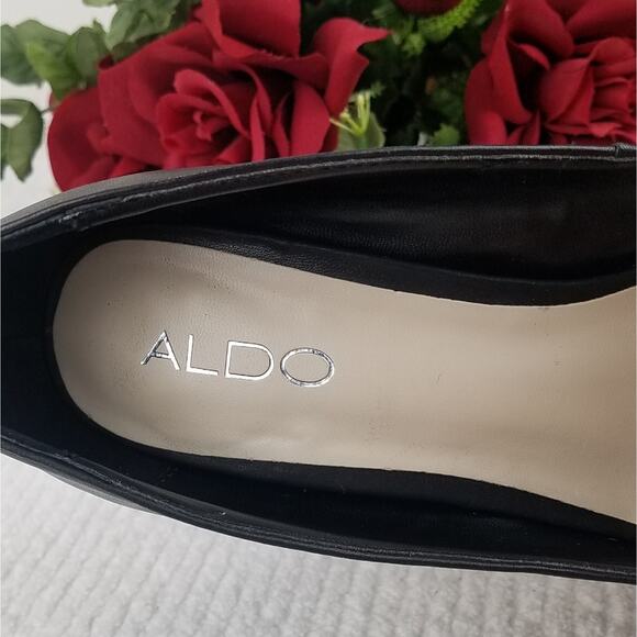 Aldo Platform Stiletto Pumps Size 8.5 Black Leather Rhinestones Peep Almond Toe - Picture 5 of 16
